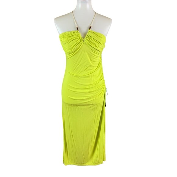 Free People Bright Green Ruched Bodycon Midi Dress M Y2K Festival Vacation - Picture 1 of 6